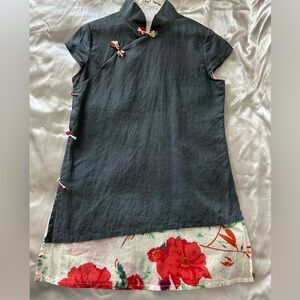 Floral Gray Mandarin Collar Top Handmade 100% Cotton